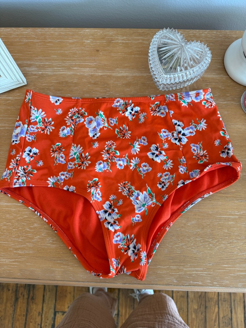 Roxy Women's Orange High-Waist Floral Bikini Bottoms with White & Purple Flowers